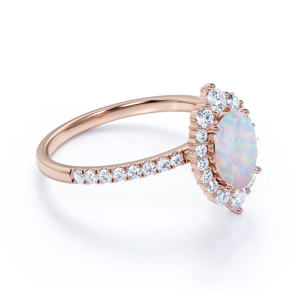 1.75 ct Vintage Oval Welo Opal and Moissanite Halo Promise Ring in 18K Rose Gold over Silver