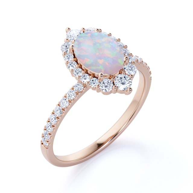 1.75 ct Vintage Oval Welo Opal and Moissanite Halo Promise Ring in 18K Rose Gold over Silver