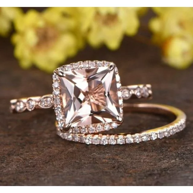 Art Deco 1.50 carat Princess Cut created morganite and Moissanite Halo Engagement Bridal Set in Rose Gold