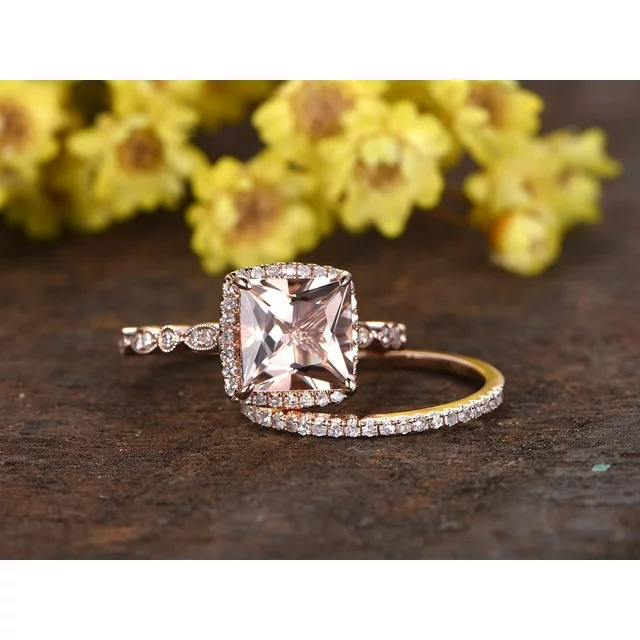 Art Deco 1.50 carat Princess Cut created morganite and Moissanite Halo Engagement Bridal Set in Rose Gold