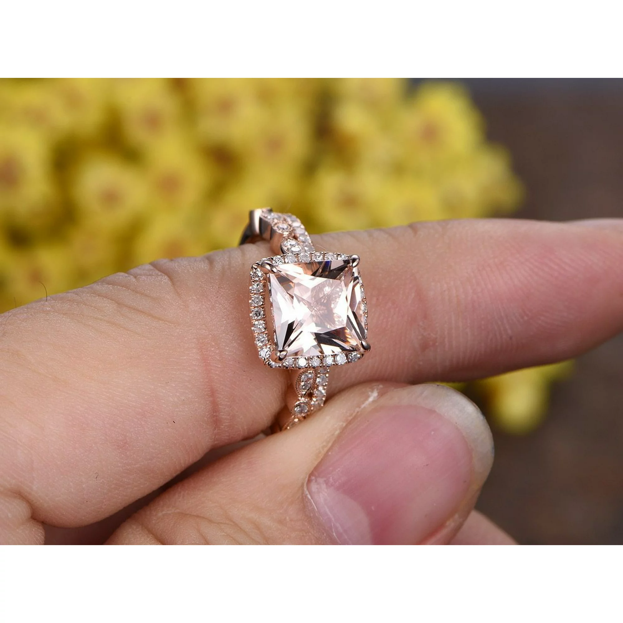 Art Deco 1.50 carat Princess Cut created morganite and Moissanite Halo Engagement Bridal Set in Rose Gold