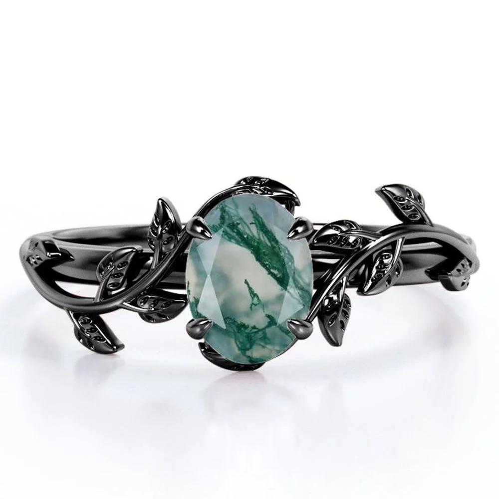 Inspired by Nature - 1.3 Carat Oval Shape Milky White Moss Green Agate - Four Prong Setting Engagement Ring - 18K Black Gold Plating over Silver