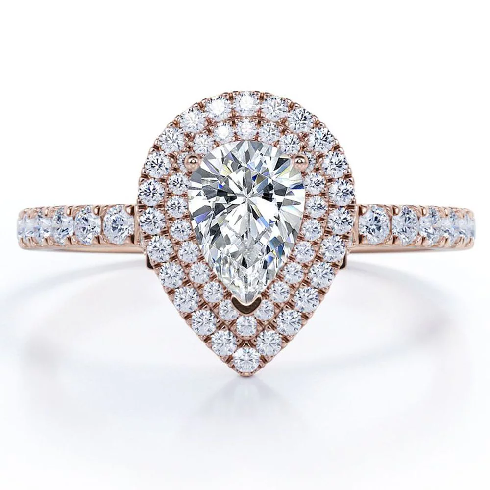 1.5 Carat Pear Cut Moissanite - Duo Halo Setting - Pave Design Engagement Ring - 18K Rose Gold Plating over Silver