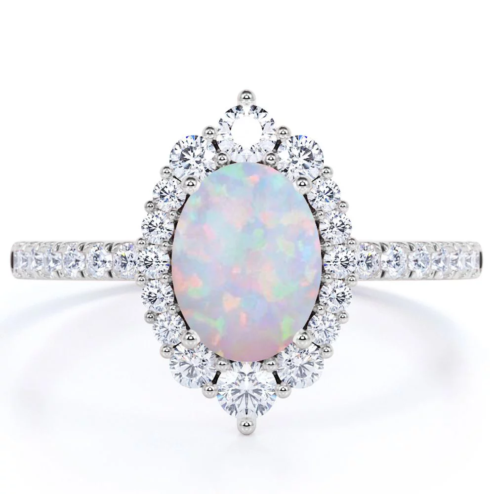 1.75 ct Vintage Oval Welo Opal and Moissanite Halo Promise Ring in 18K Rose Gold over Silver