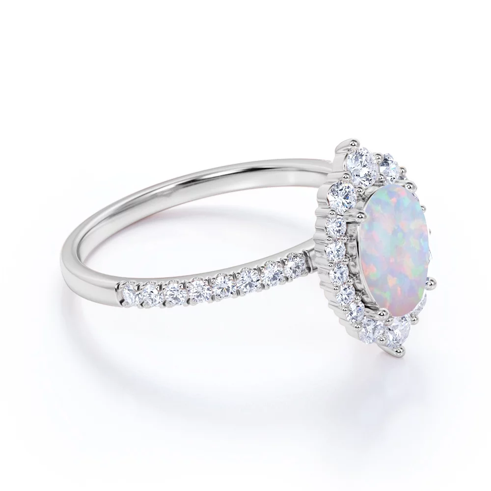 1.75 ct Vintage Oval Welo Opal and Moissanite Halo Promise Ring in 18K Rose Gold over Silver