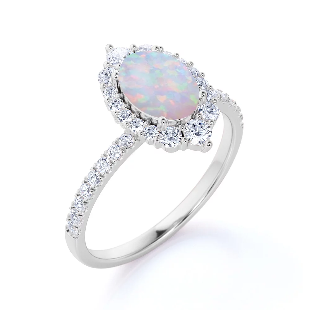 1.75 ct Vintage Oval Welo Opal and Moissanite Halo Promise Ring in 18K Rose Gold over Silver