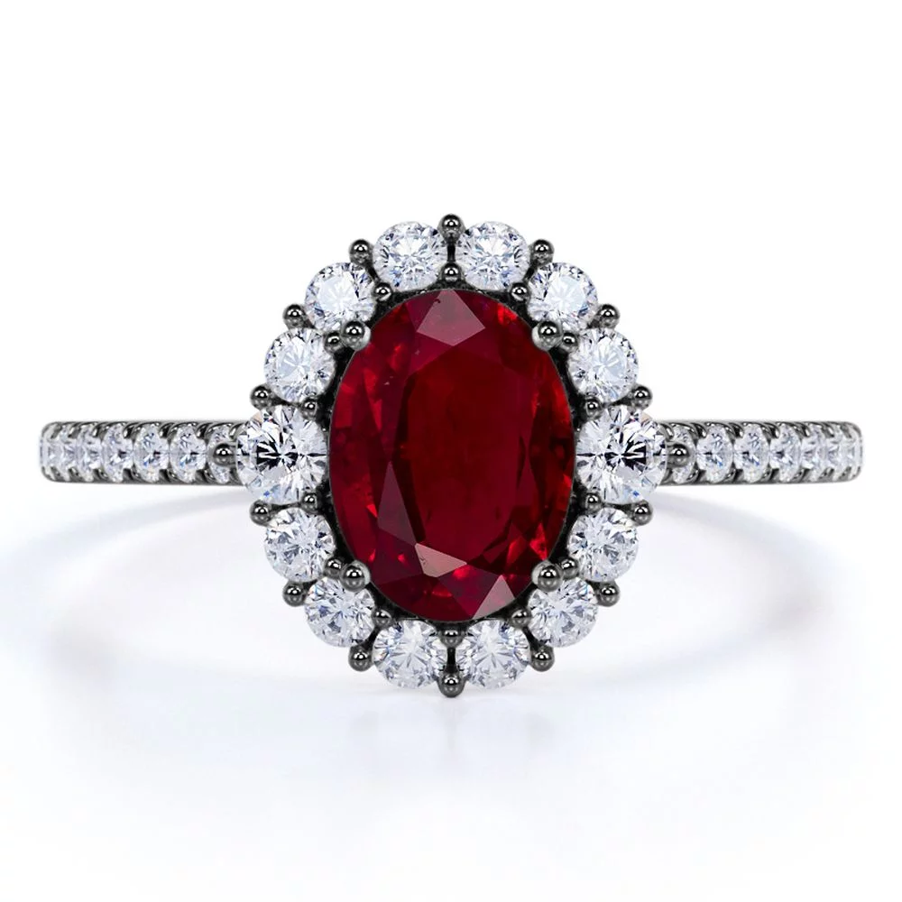 Sparkling Pave 1.5 Carat Oval Cut Lab-Created Ruby and Diamond Engagement Ring in White Gold