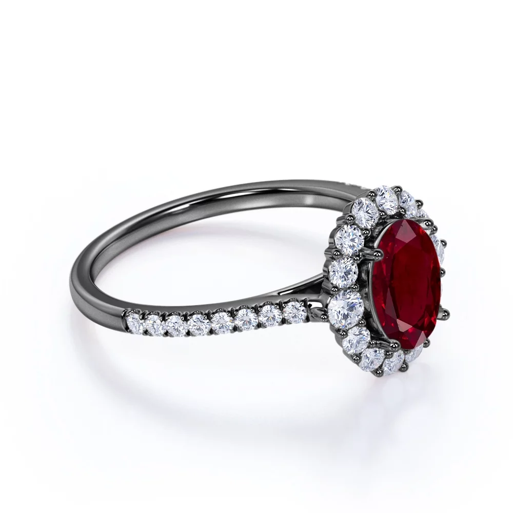 Sparkling Pave 1.5 Carat Oval Cut Lab-Created Ruby and Diamond Engagement Ring in White Gold