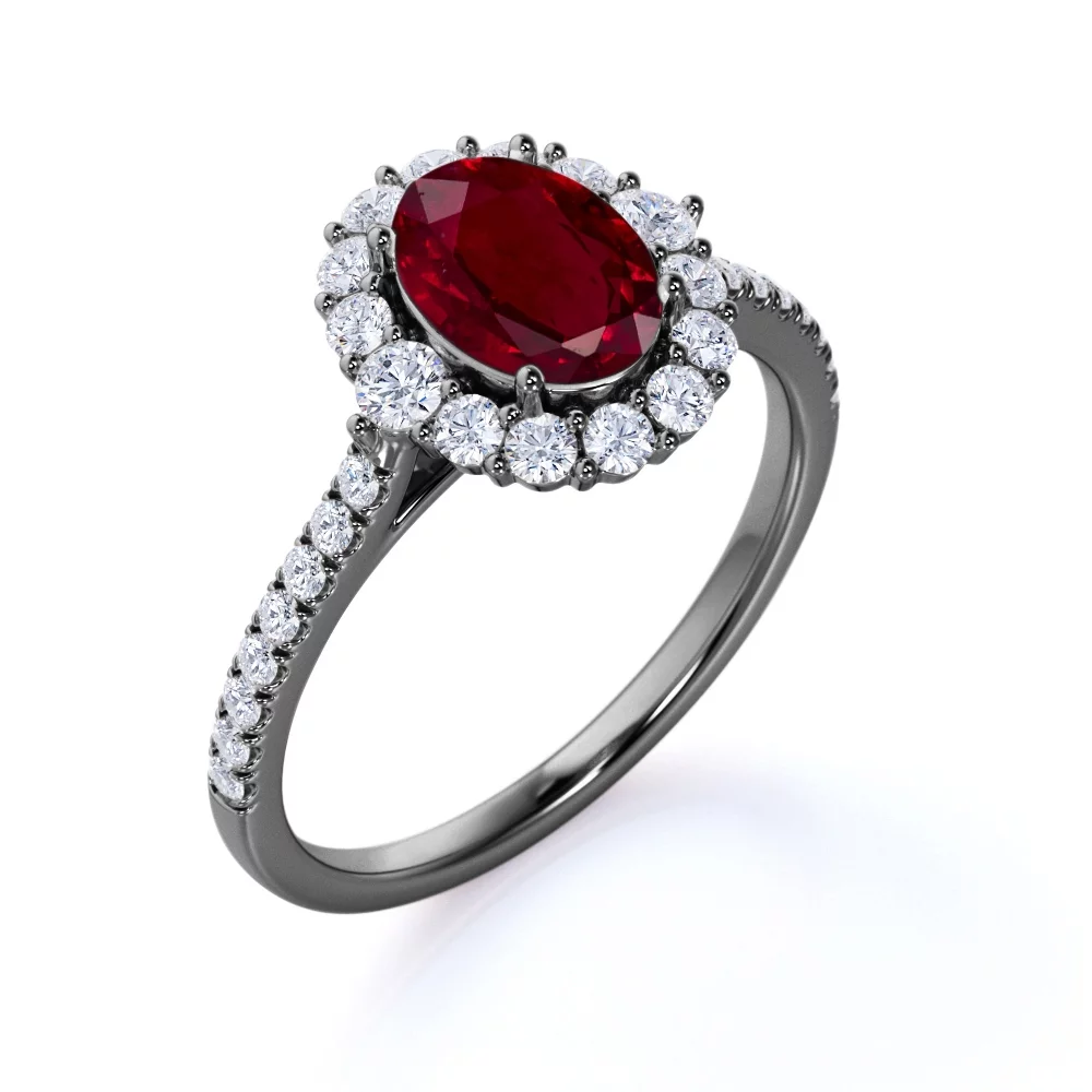 Sparkling Pave 1.5 Carat Oval Cut Lab-Created Ruby and Diamond Engagement Ring in White Gold