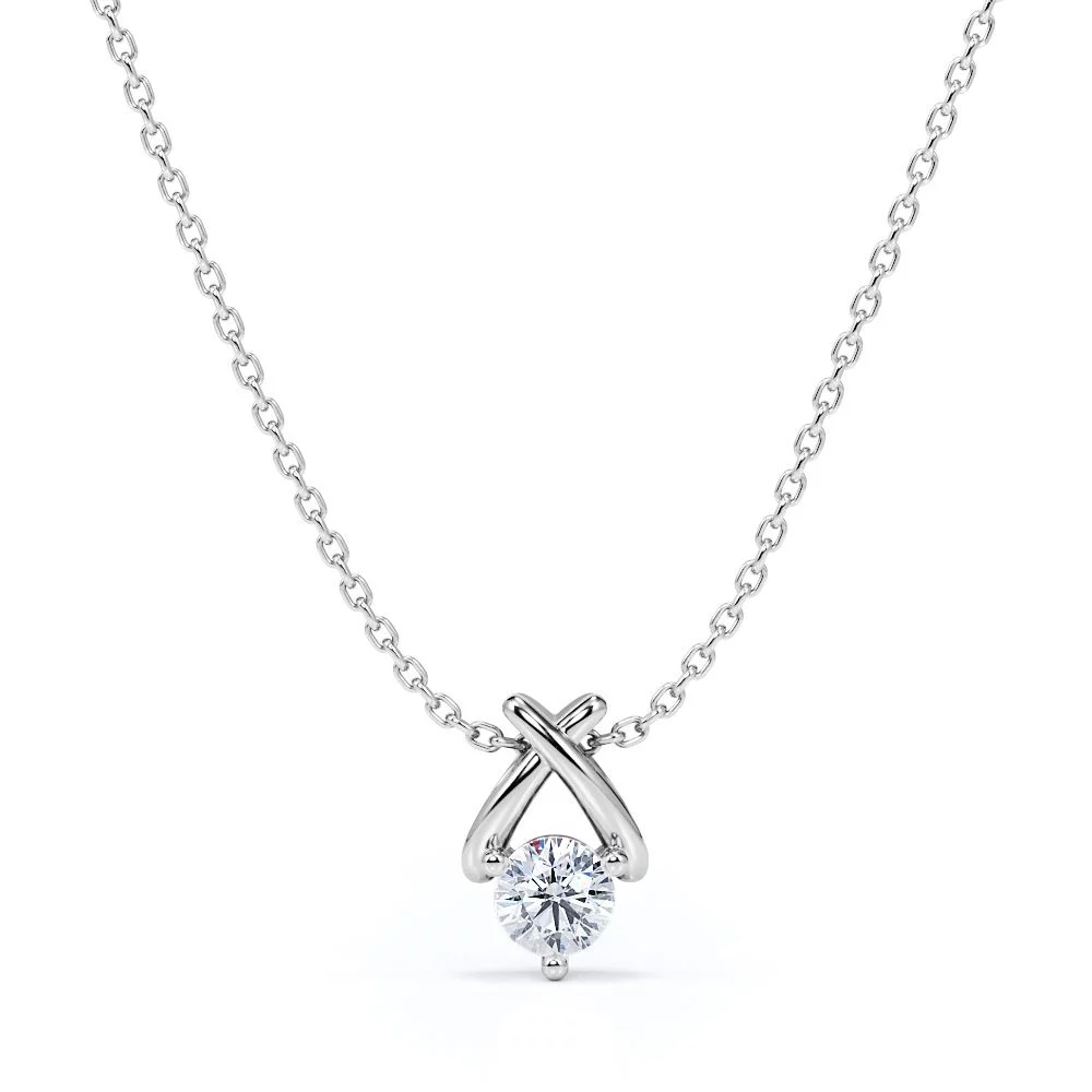 X-Shaped Round Cut Real Diamond Pendant Necklace in 18K White Gold over Silver