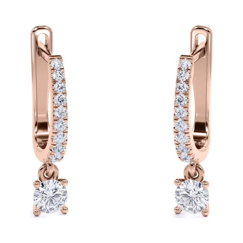 1 Carat Round Brilliant Cut Diamond and Moissanite - 4 Prong Pave Set Huggie Hoop Earrings - 18K Rose Gold Plating over Silver