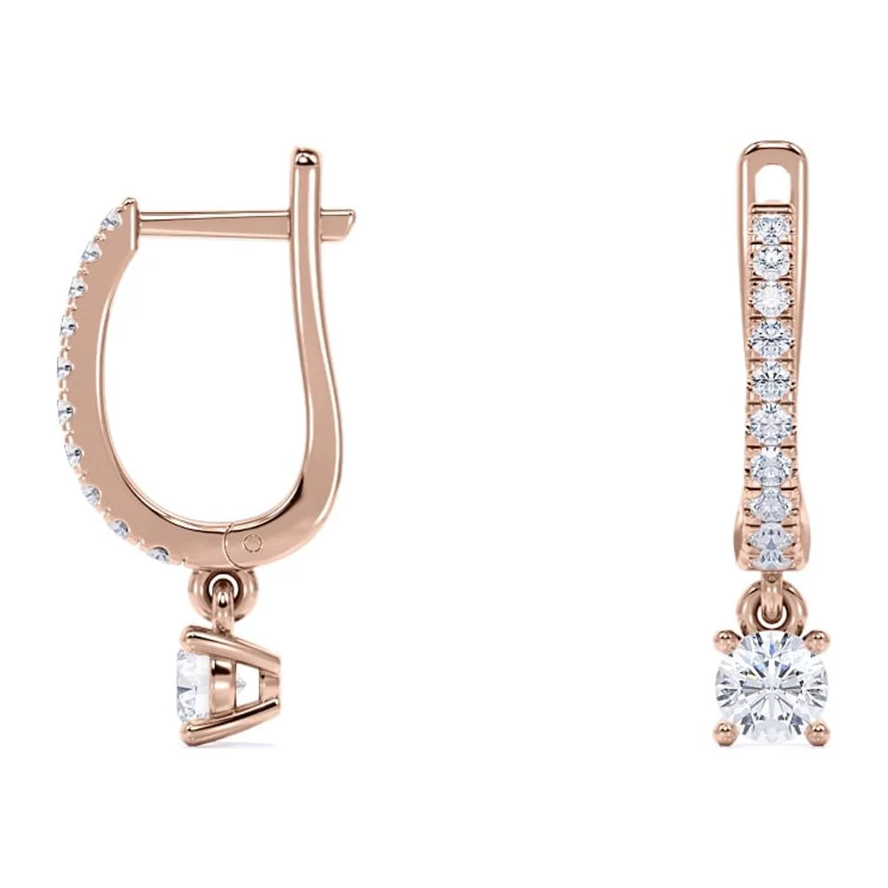 1 Carat Round Brilliant Cut Diamond and Moissanite - 4 Prong Pave Set Huggie Hoop Earrings - 18K Rose Gold Plating over Silver