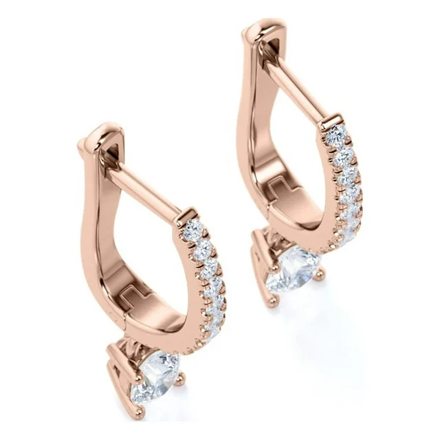 1 Carat Round Brilliant Cut Diamond and Moissanite - 4 Prong Pave Set Huggie Hoop Earrings - 18K Rose Gold Plating over Silver