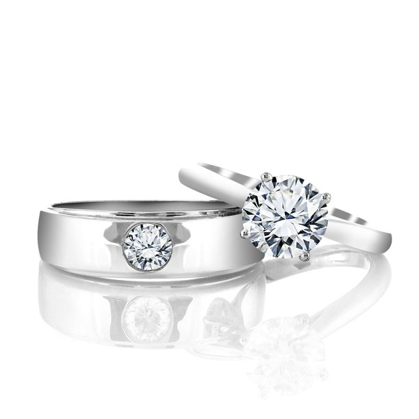 Stylish 1.3 Carat Round Cut Moissanite Commitment Rings for Couples - Couple Rings in 18K White Gold over Silver