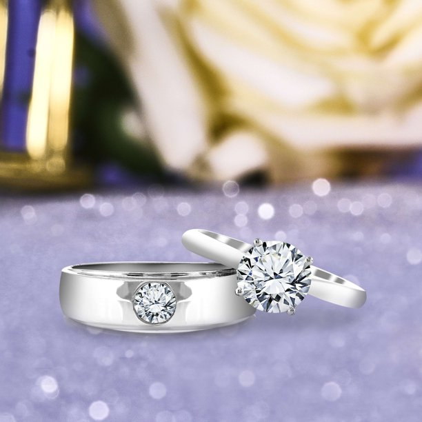 Stylish 1.3 Carat Round Cut Moissanite Commitment Rings for Couples - Couple Rings in 18K White Gold over Silver