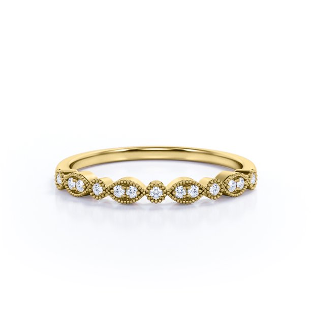 Art-Deco 0.25 Carat Round Brilliant Cut Moissanite Filigree Milgrain Wedding Band in 18K Yellow Gold Plating over Silver