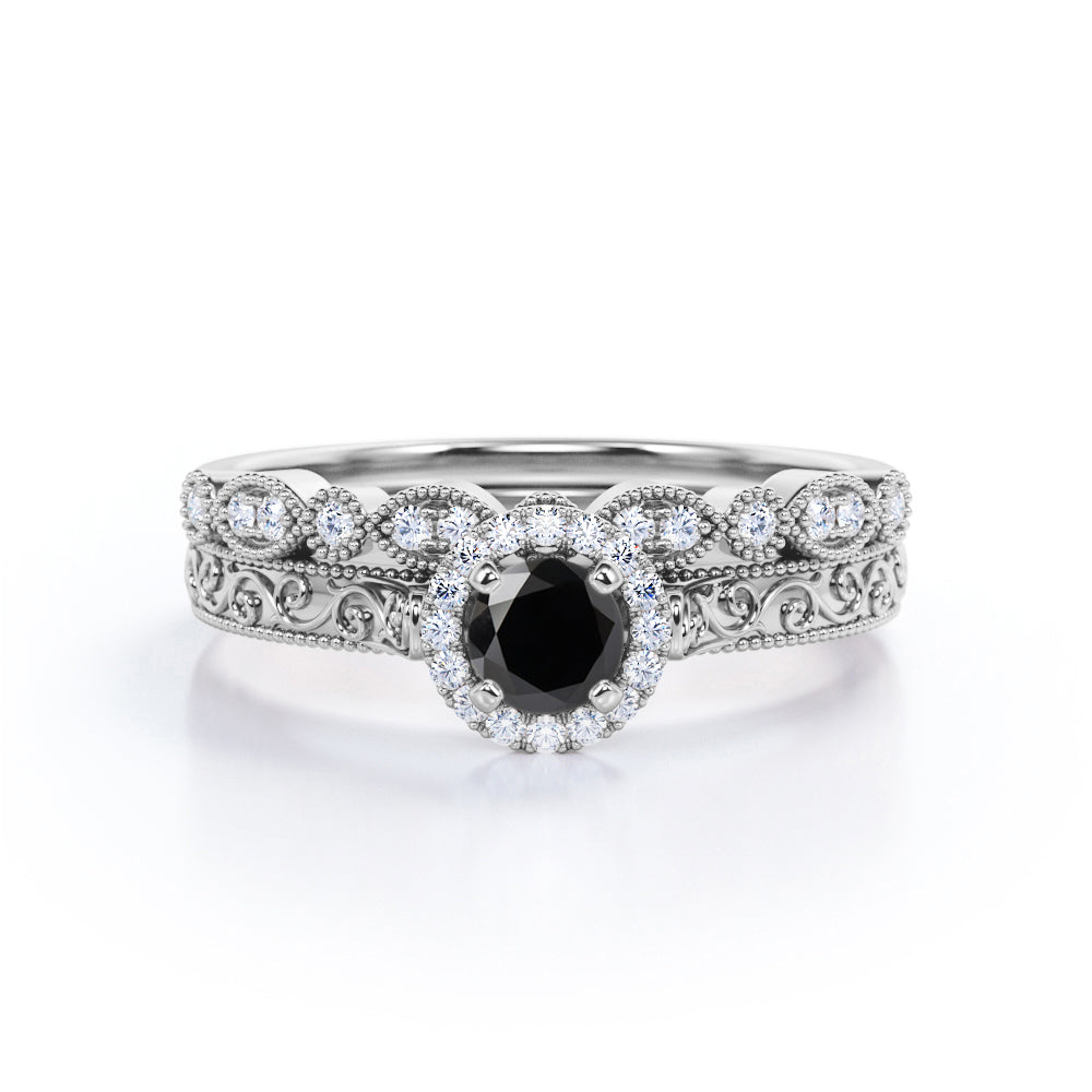 1.3 Carat Round Cut Lab Grown Black Diamond Halo Wedding Ring Set In White Gold