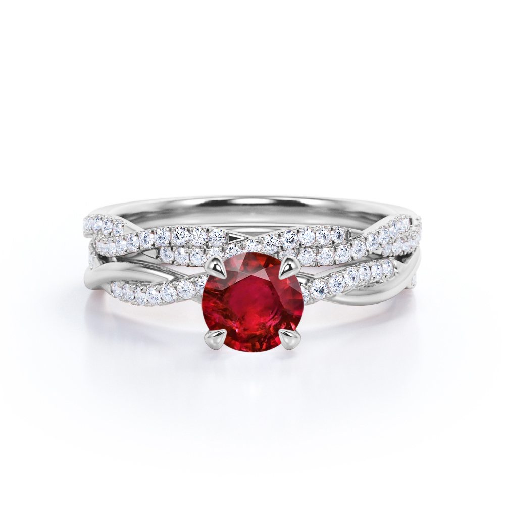 Antique Infinity 1.30 carat Round Cut Lab-Created Ruby and Diamond Twisted Bridal ring set in White Gold