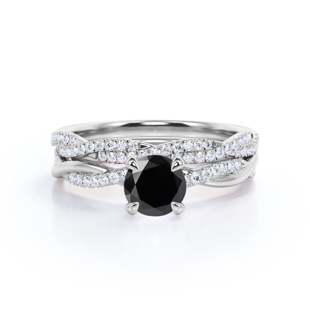 1.75 carat round cut Black Diamond twisted wedding ring set in white gold