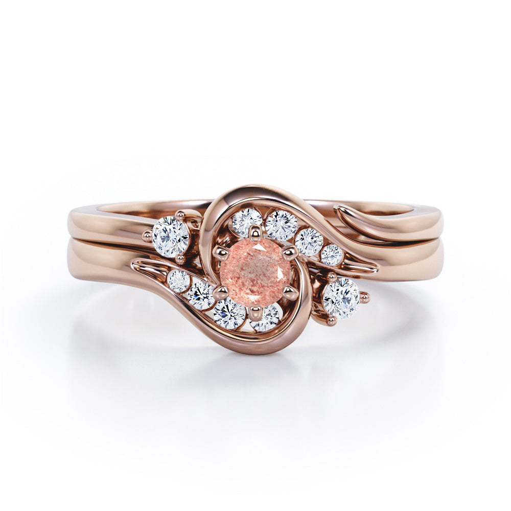 6 Prong Tension Design - 0.55 TCW Round Shaped Strawberry Quartz and diamond - Flush Chanel Wedding Ring Set - Rose Gold