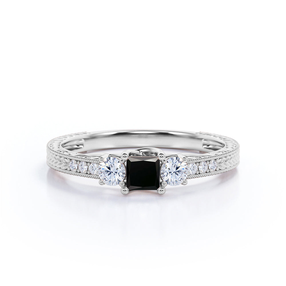 1 carat princess cut Black Diamond vintage milgrain engagement ring in white gold