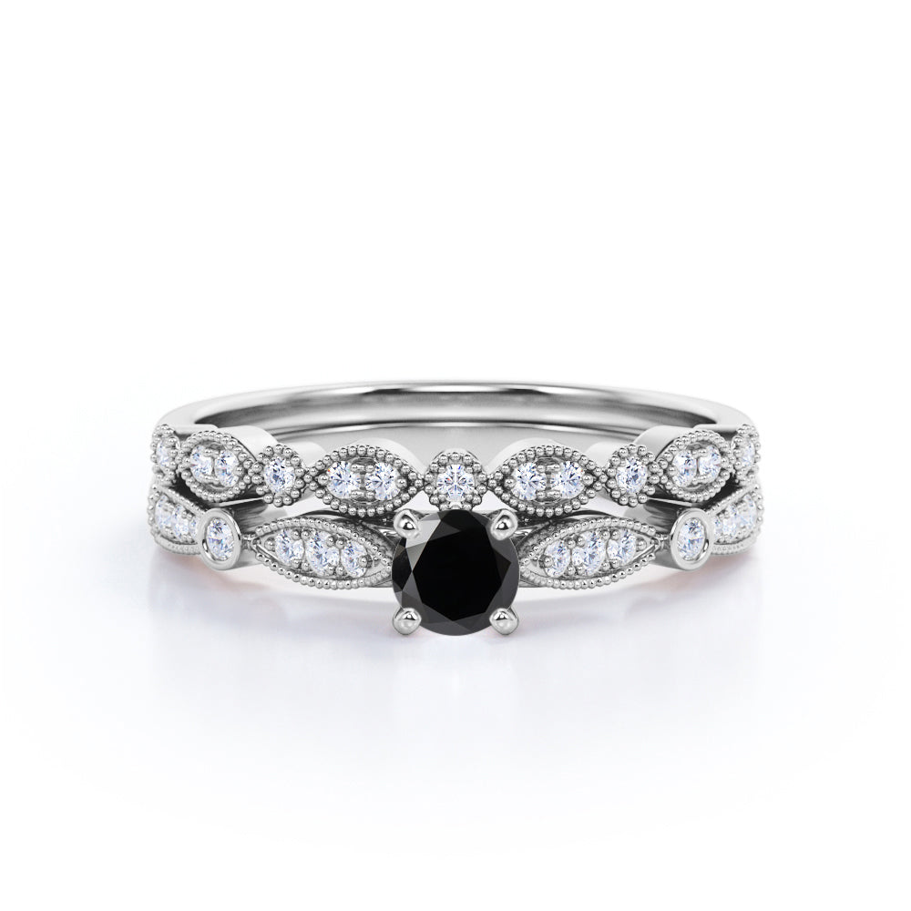 1.3 Carat Round Cut Lab Grown Black Diamond Unique Wedding Ring Set For Women In White Gold