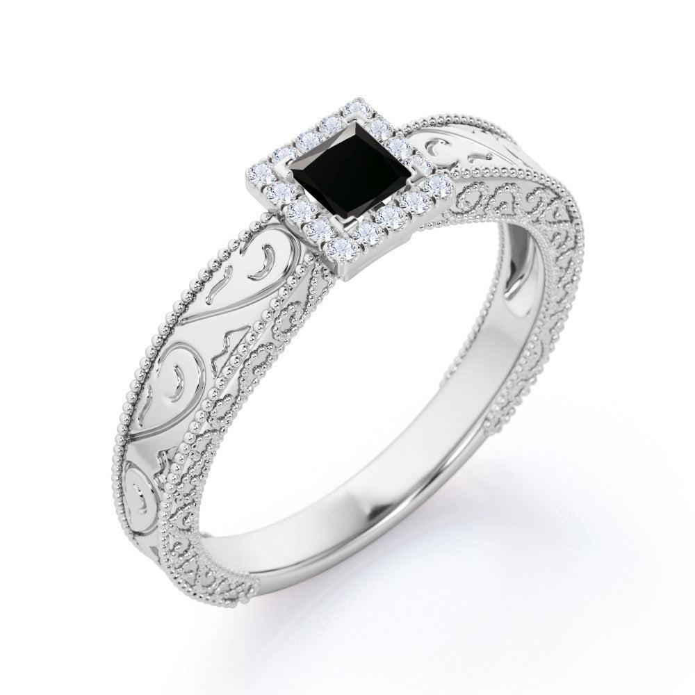 1.15 Carat Princess Cut Lab Grown Black Diamond Vintage Engagement Ring For Women In White Gold