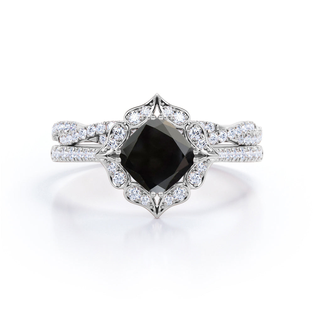 1.50 carat cushion cut Black Diamond infinity bridal set in white gold