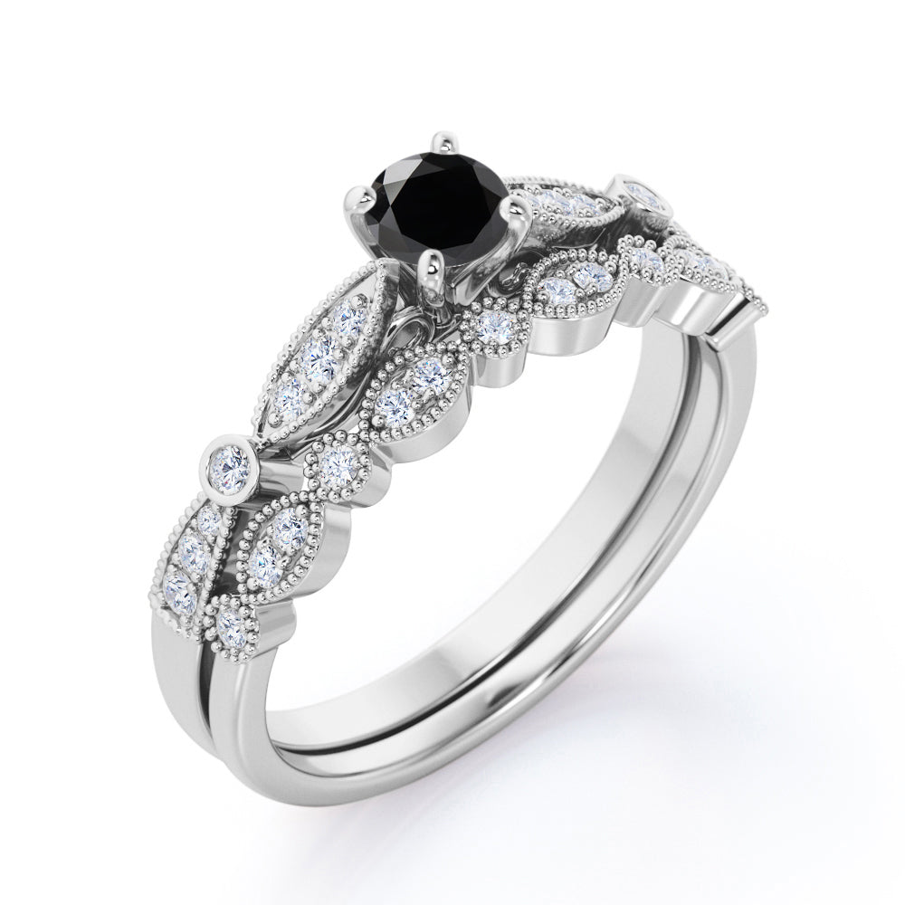 1.3 Carat Round Cut Lab Grown Black Diamond Unique Wedding Ring Set For Women In White Gold