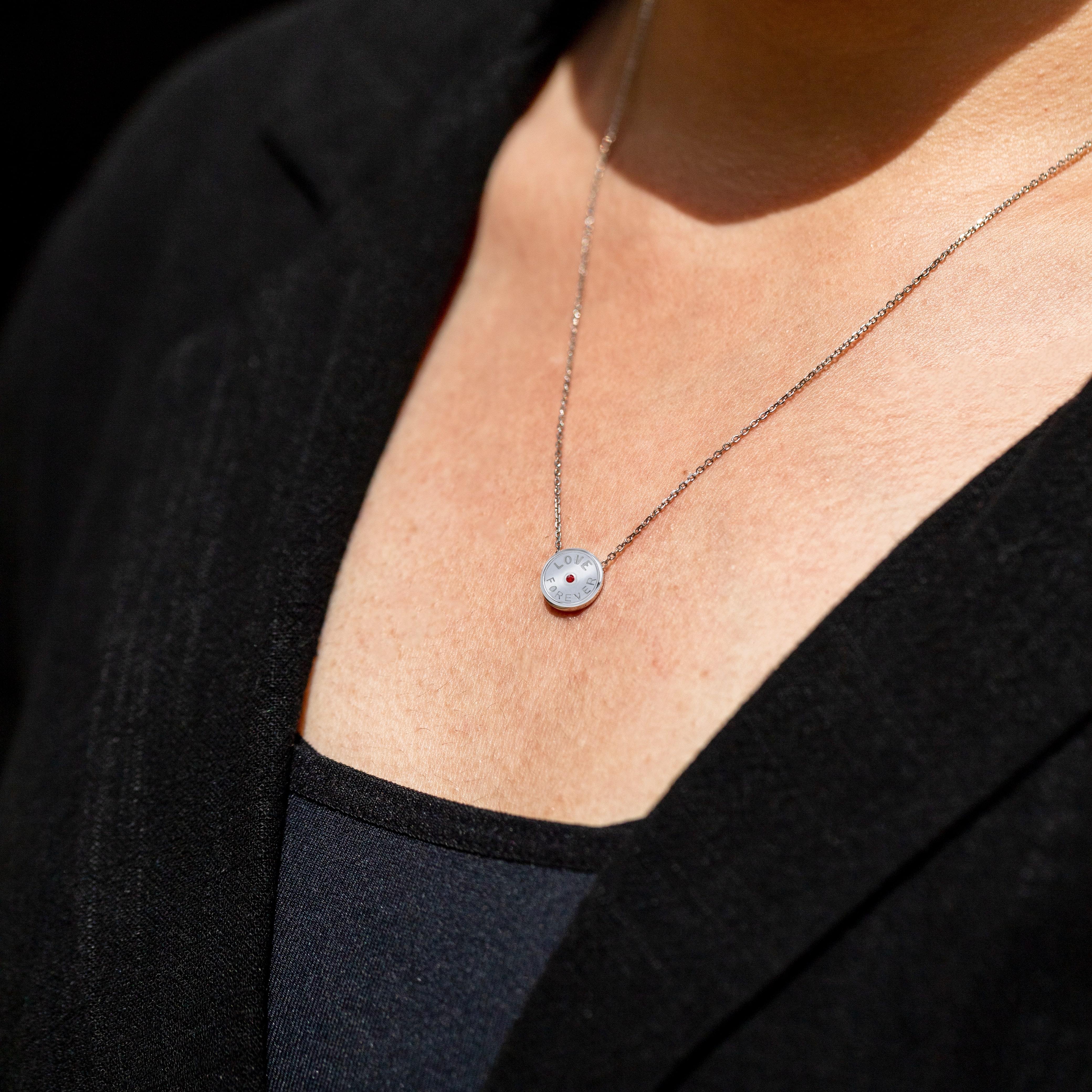 Love Forever Charm Necklace with Natural Round Shape Ruby in 18K White Gold Plating over Silver