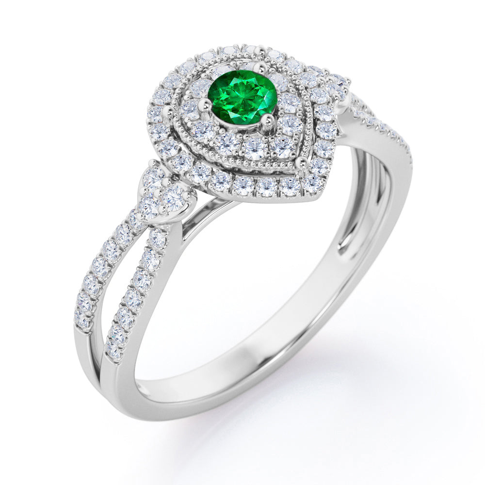 Pear-Shaped Double Halo - 1.7 Carat Round Cut Emerald and diamond - Pave Split Shank Engagement Ring in Yellow Gold