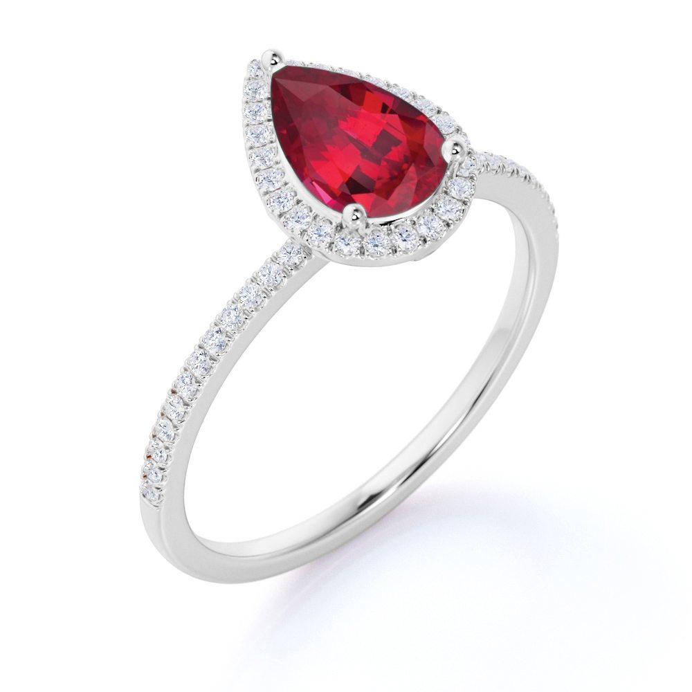 Pave 1.25 Carat Pear Cut Lab-Created Ruby and Diamond Classic Engagement Ring in White Gold