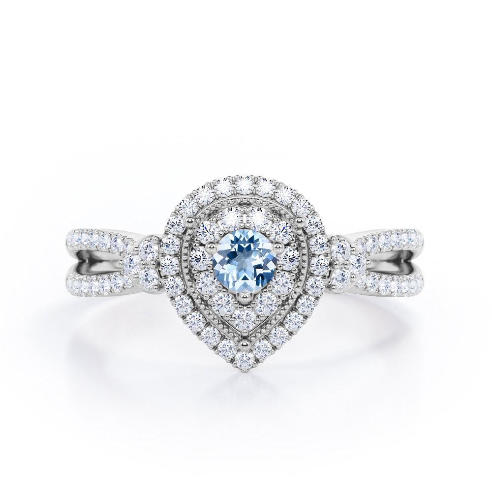 Pear-Shaped Double Halo - 1.7 Carat Round Cut Aquamarine - Pave Split Shank Engagement Ring in White Gold