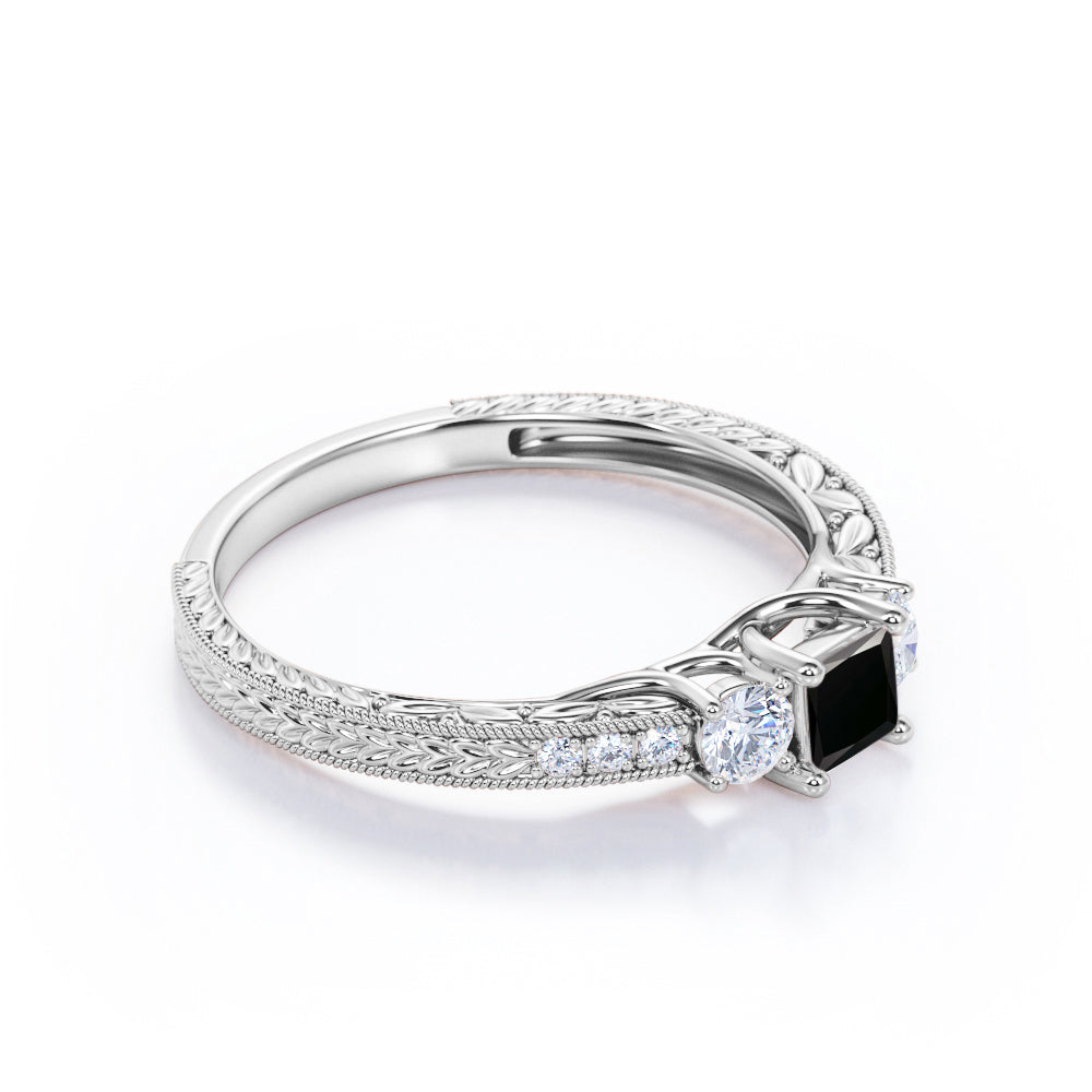 1 carat princess cut Black Diamond vintage milgrain engagement ring in white gold