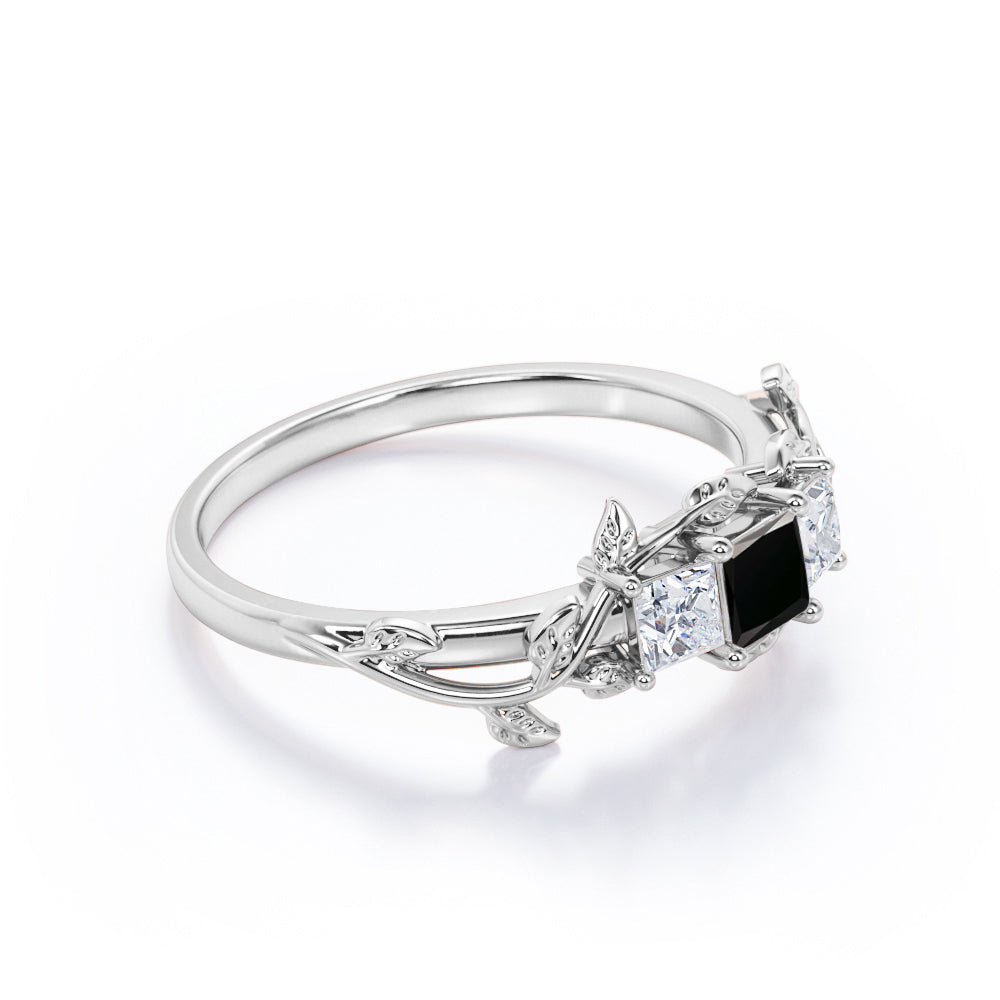 1 carat princess cut  Black Diamond three stone engagement ring in white gold