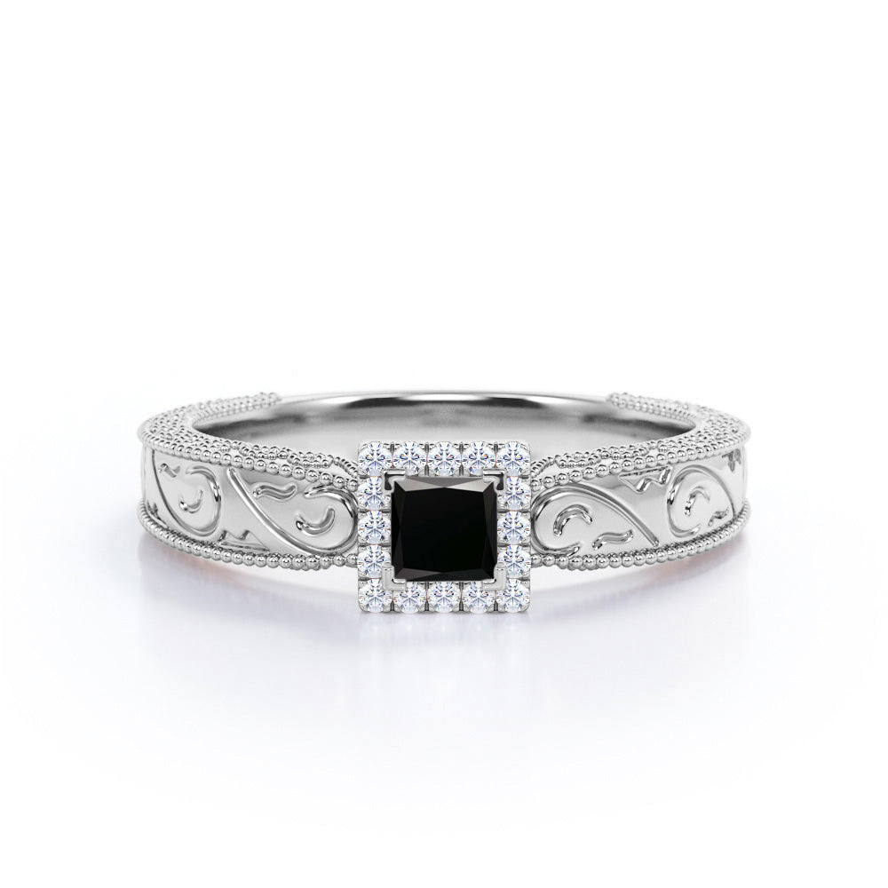 1.15 Carat Princess Cut Lab Grown Black Diamond Vintage Engagement Ring For Women In White Gold