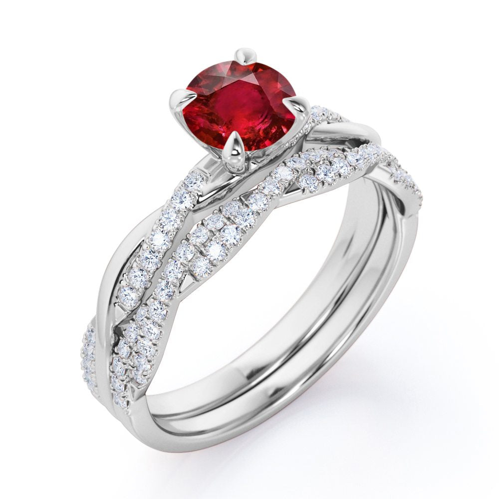 Antique Infinity 1.30 carat Round Cut Lab-Created Ruby and Diamond Twisted Bridal ring set in White Gold