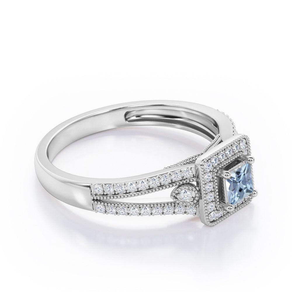 Split-Shanked Pave 1.55 Carat Princess Cut Aquamarine Milgrain-Bordered Halo Engagement Ring in White Gold