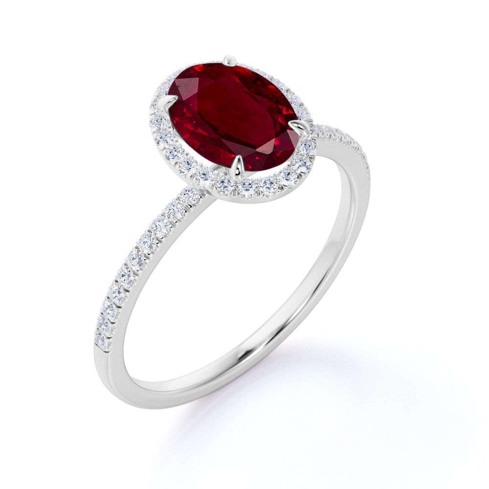 Antique 1.25 Carat Oval Cut Lab-Created Ruby and Diamond Halo Engagement Ring in Rose Gold