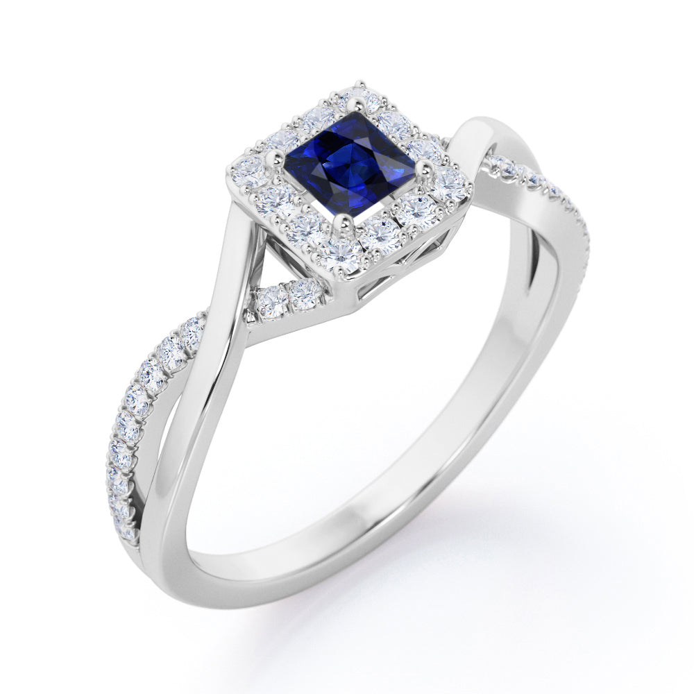 1.25 Carat Princess Cut Blue Lab-Created Sapphire and diamond - Half Crossover Pave - Halo Engagement Ring in White Gold