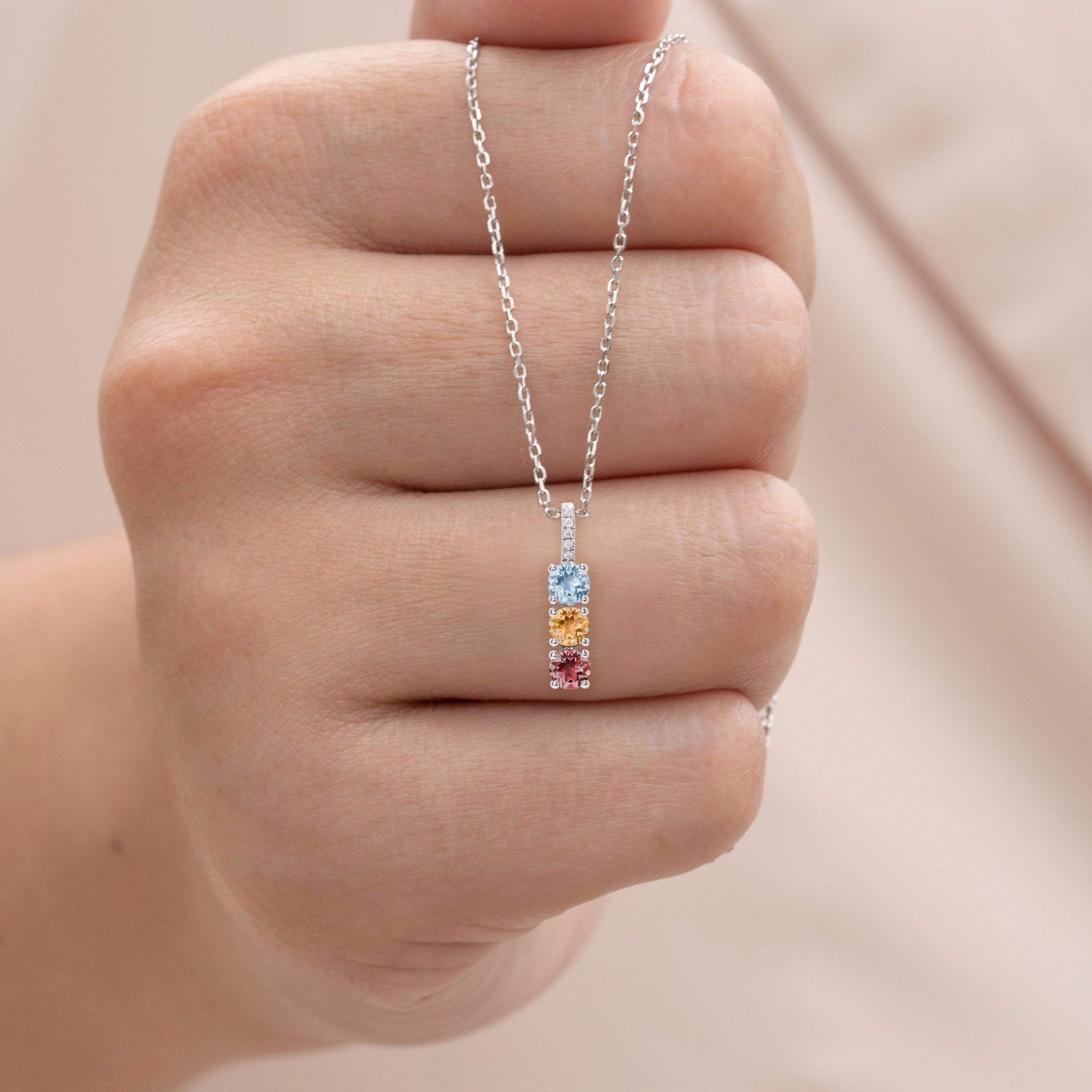 Perfect Vertical Multi Birthstone and Moissanite Bar Pendant Necklace for women in 18k white gold over silver