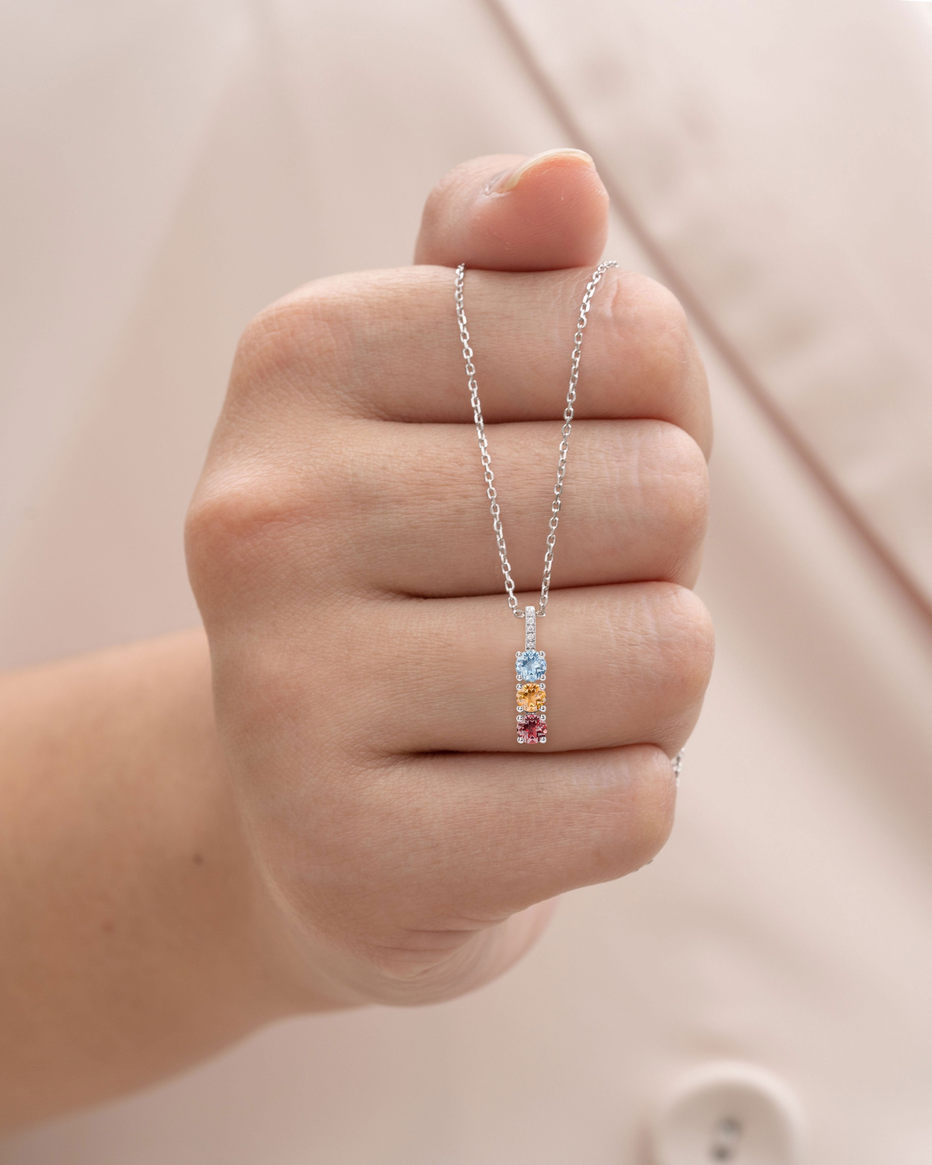 Perfect Vertical Multi Birthstone and Moissanite Bar Pendant Necklace for women in 18k white gold over silver