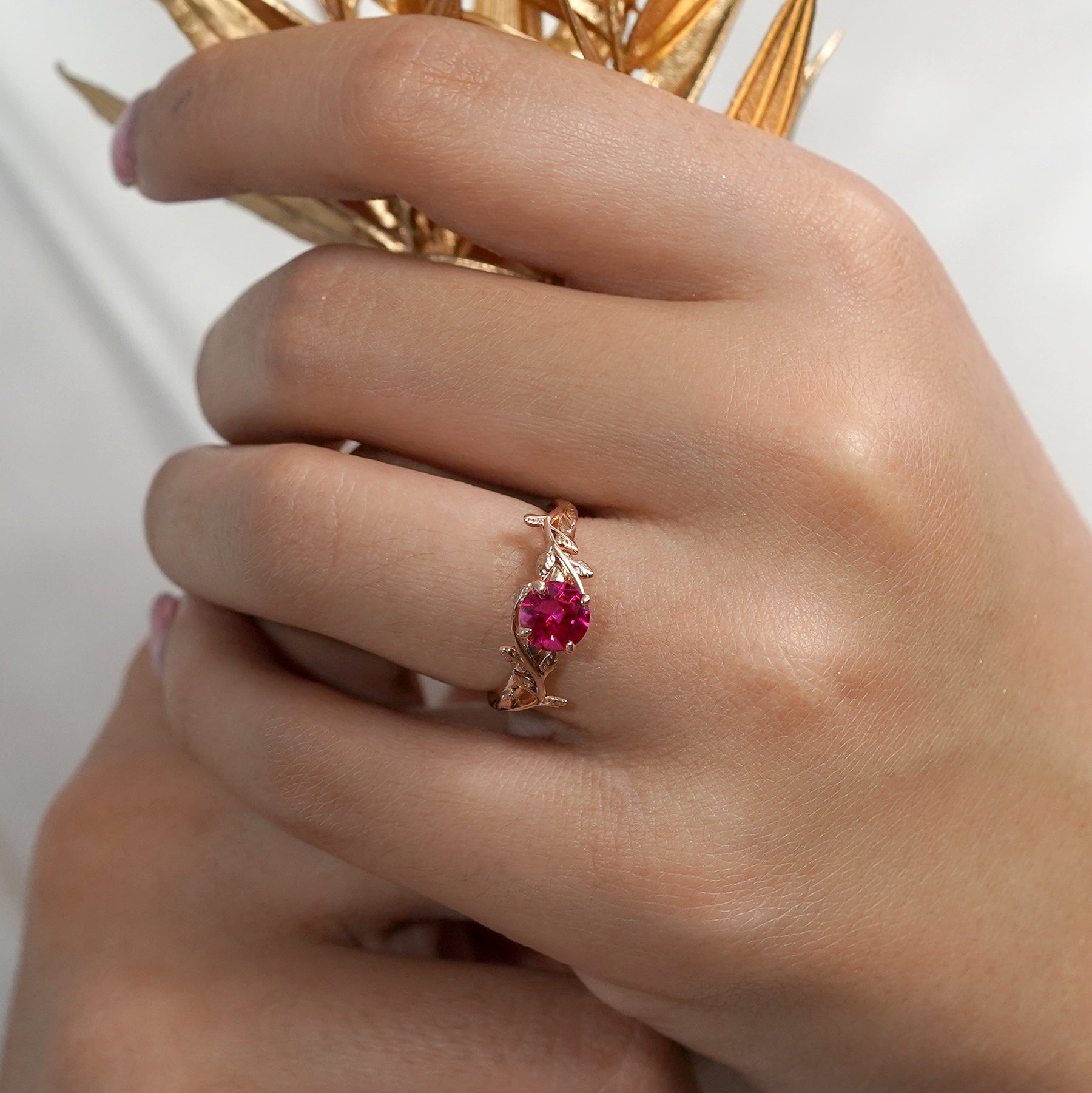 Nature Inspired 1 carat Round cut Lab-Created Ruby Solitaire Engagement ring in Rose Gold