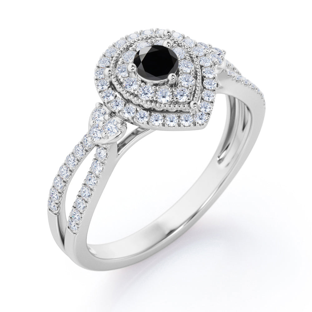 Pear-Shaped Double Halo - 1.7 Carat Round Cut Black Diamond - Pave Split Shank Engagement Ring in White Gold