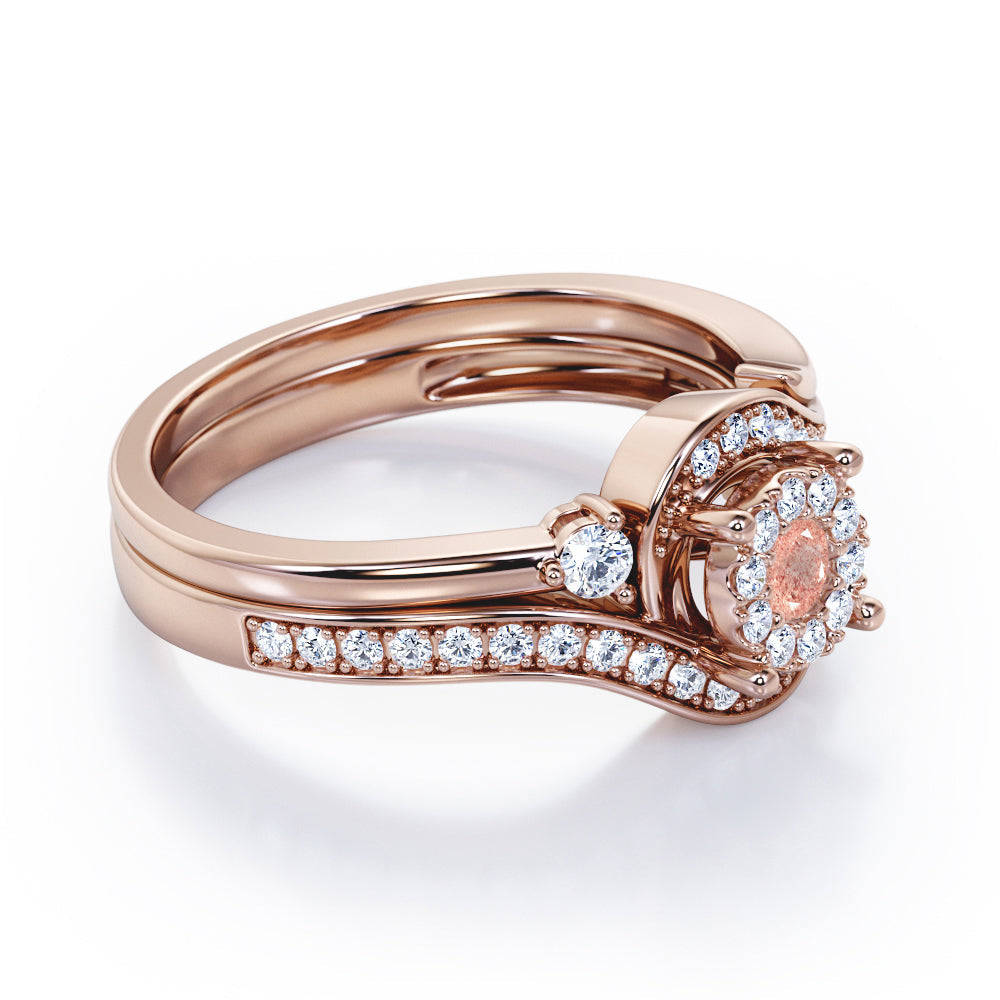 Pave-Prong Design 0.55 TCW Round Shape Strawberry quartz and diamond Bridal Ring Set in Rose Gold