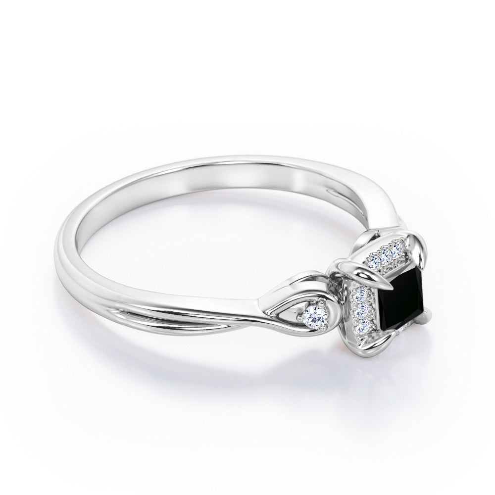 Prong and Halo 0.6 carat Princess Black Diamond Twisted Shank Engagement Ring in White Gold