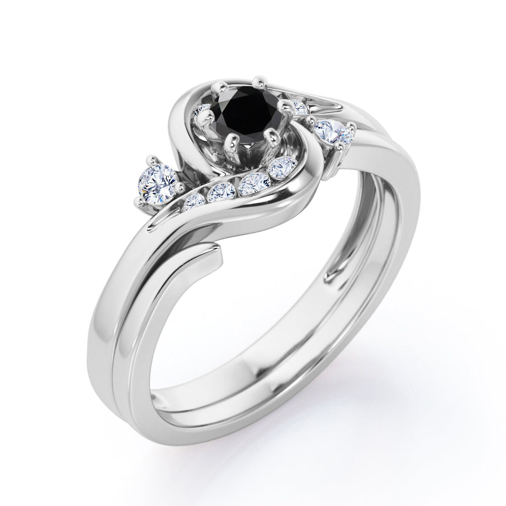 6 Prong Tension Design - 0.55 TCW Round Shaped Black Diamond - Flush Chanel Wedding Ring Set - White Gold