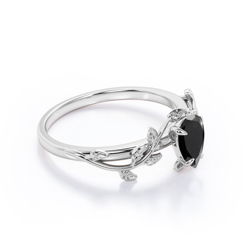 1 carat pear cut Lab Black Diamond leaf style engagement ring in white gold