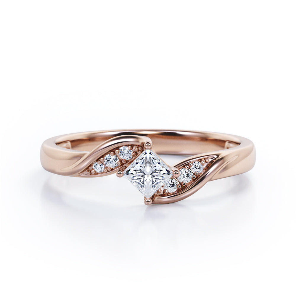 Twisted 7 Stone Ring - 0.55 carat Princess Diamond and Diamond Elegant Engagement Ring in Rose Gold