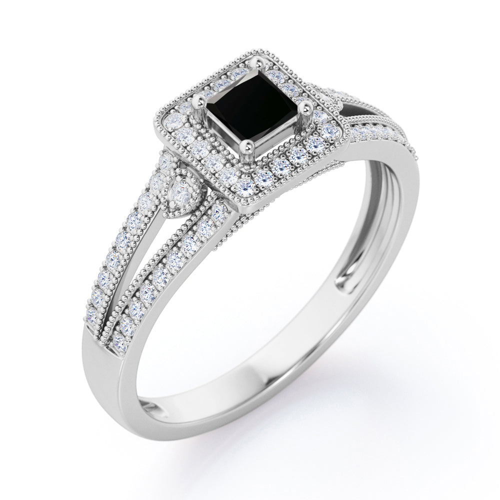 Split-Shanked Pave 1.55 Carat Princess Cut Black Diamond Milgrain-Bordered Halo Engagement Ring in White Gold